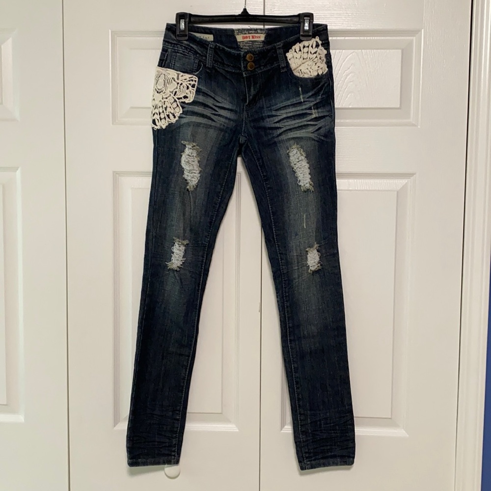 Hot Kiss Skinny Minny Lace Distressed Jeans 5